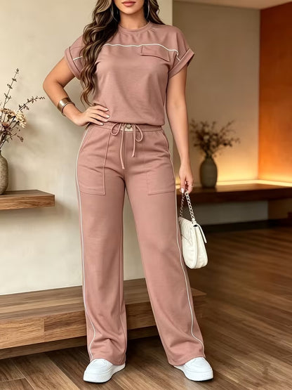 Women’s Versatile Round Neck Top & Straight-Leg Pants Summer Set