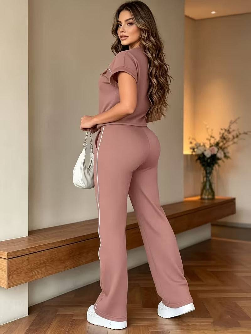 Women’s Versatile Round Neck Top & Straight-Leg Pants Summer Set