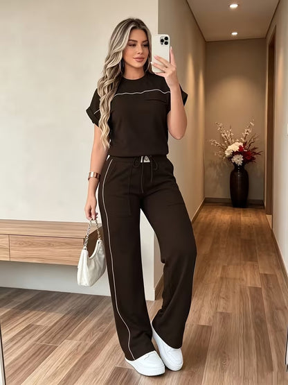 Women’s Versatile Round Neck Top & Straight-Leg Pants Summer Set