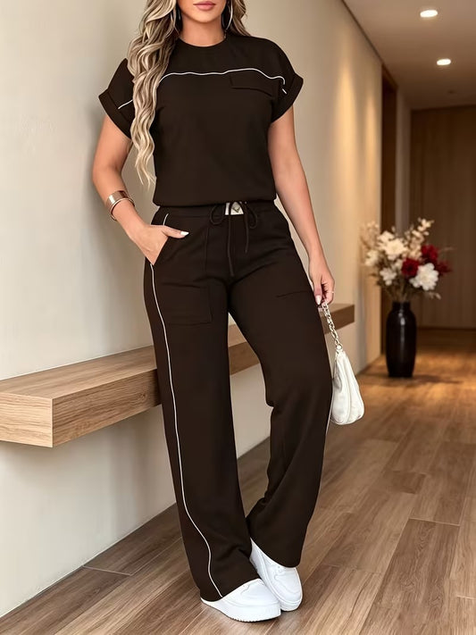 Women’s Versatile Round Neck Top & Straight-Leg Pants Summer Set