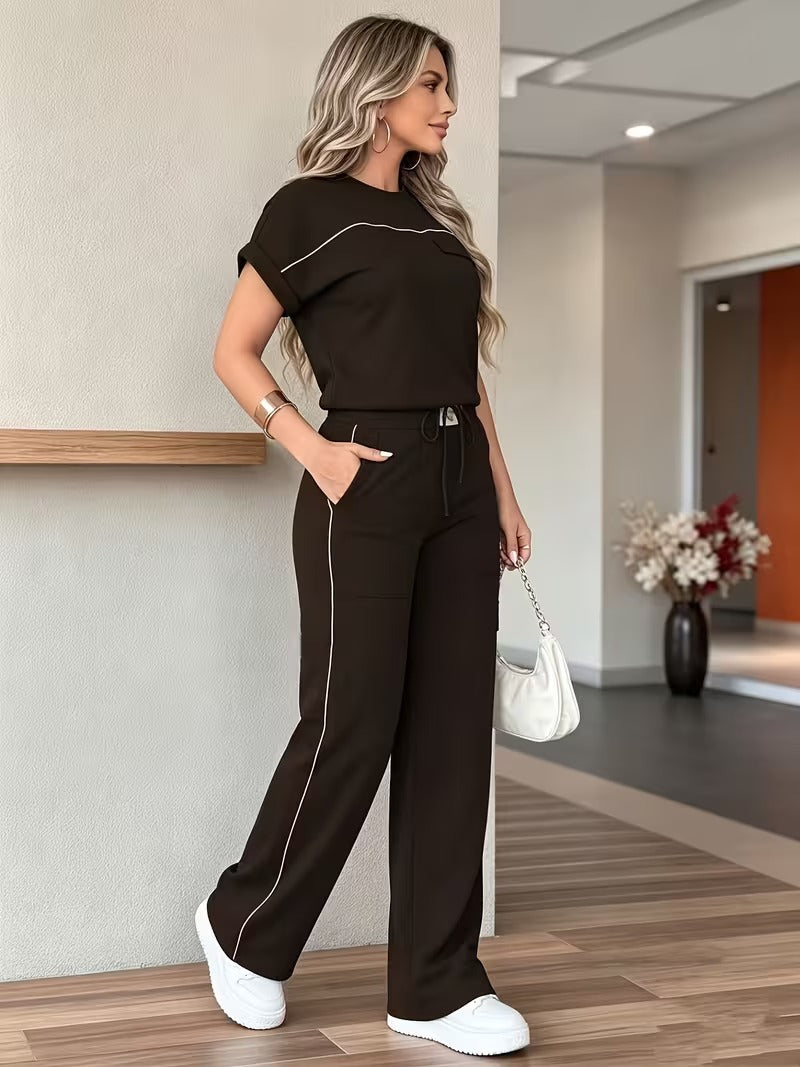 Women’s Versatile Round Neck Top & Straight-Leg Pants Summer Set
