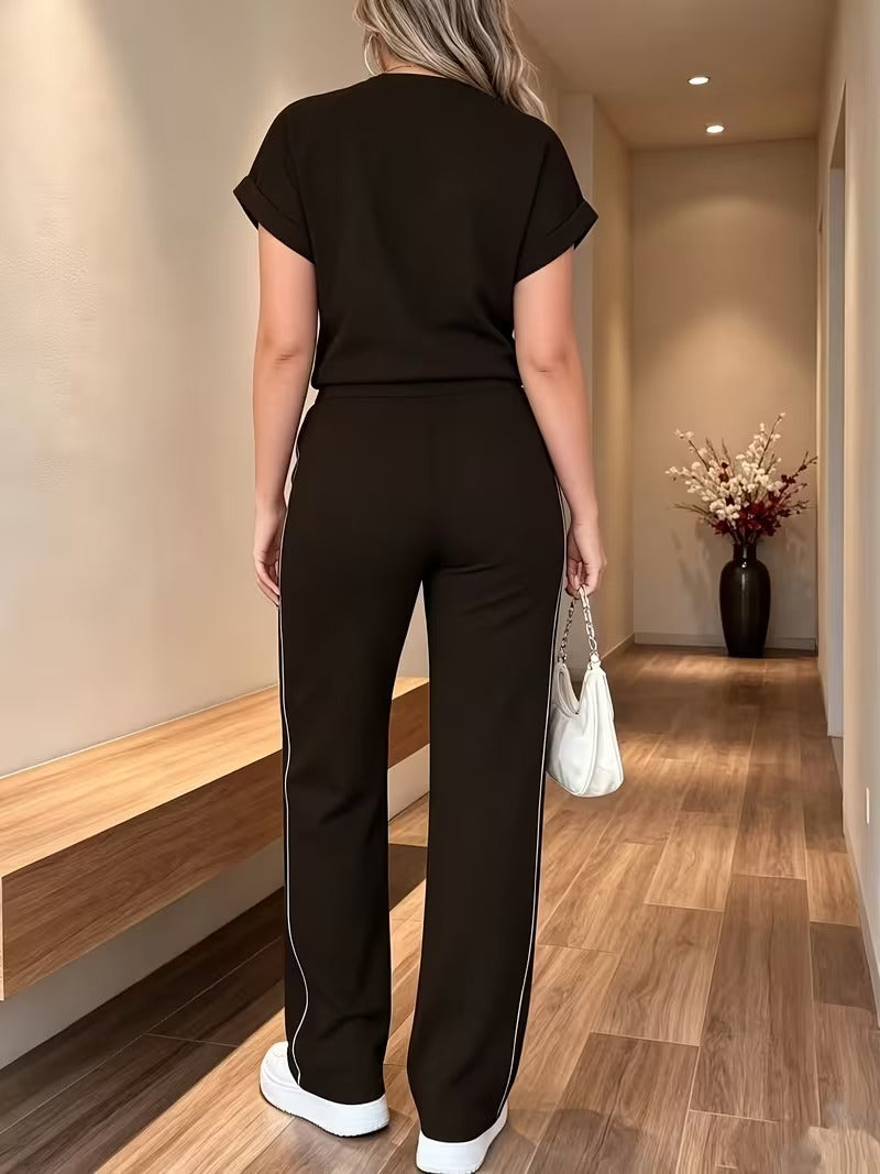 Women’s Versatile Round Neck Top & Straight-Leg Pants Summer Set