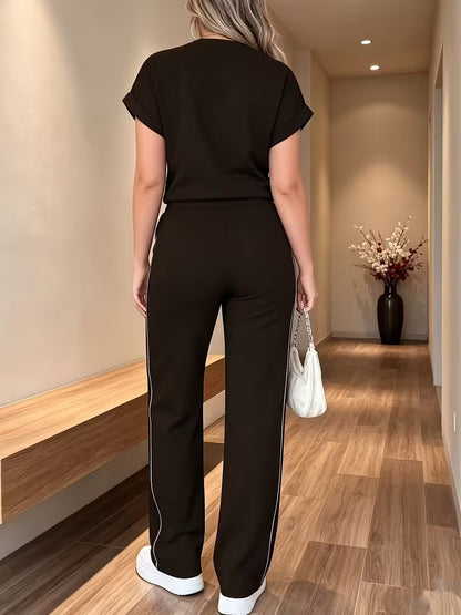 Women’s Versatile Round Neck Top & Straight-Leg Pants Summer Set