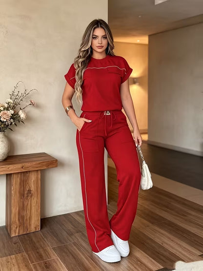 Women’s Versatile Round Neck Top & Straight-Leg Pants Summer Set