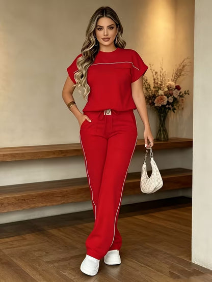 Women’s Versatile Round Neck Top & Straight-Leg Pants Summer Set
