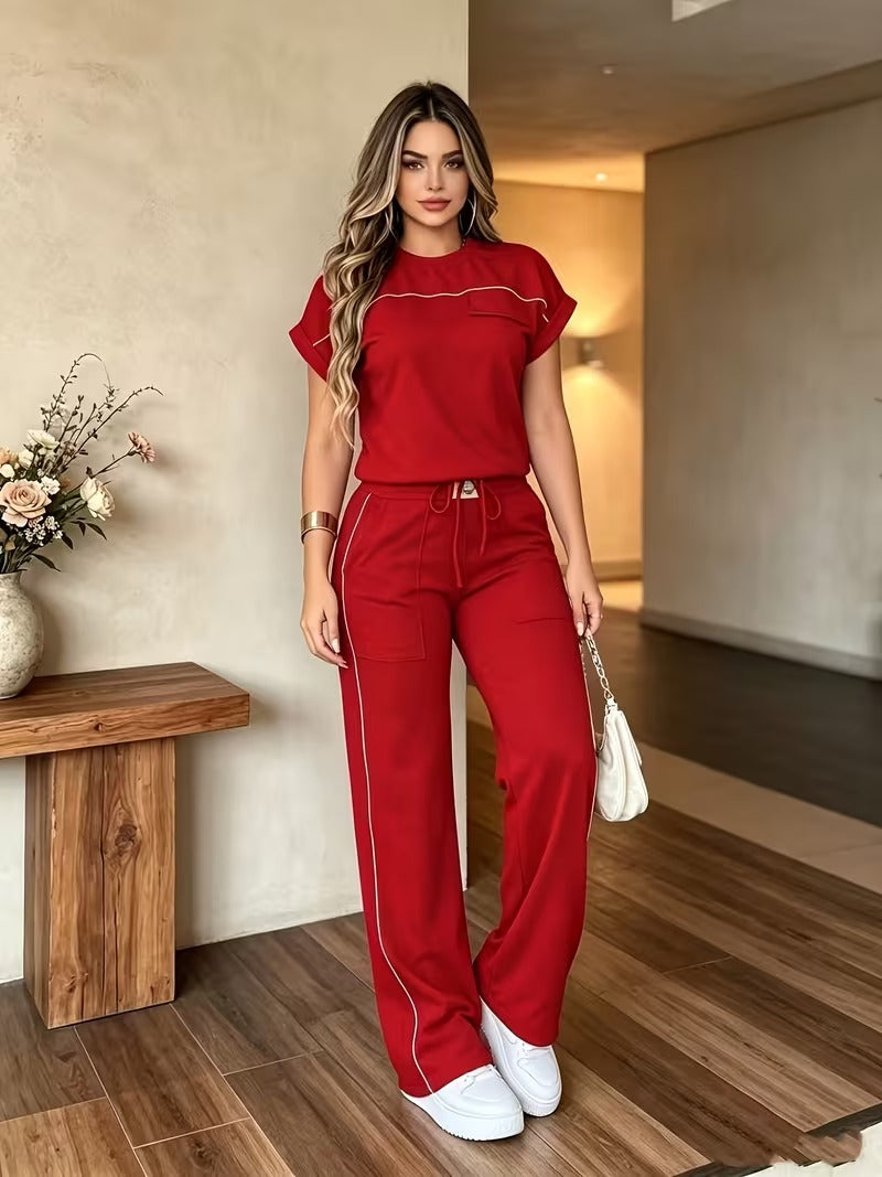 Women’s Versatile Round Neck Top & Straight-Leg Pants Summer Set