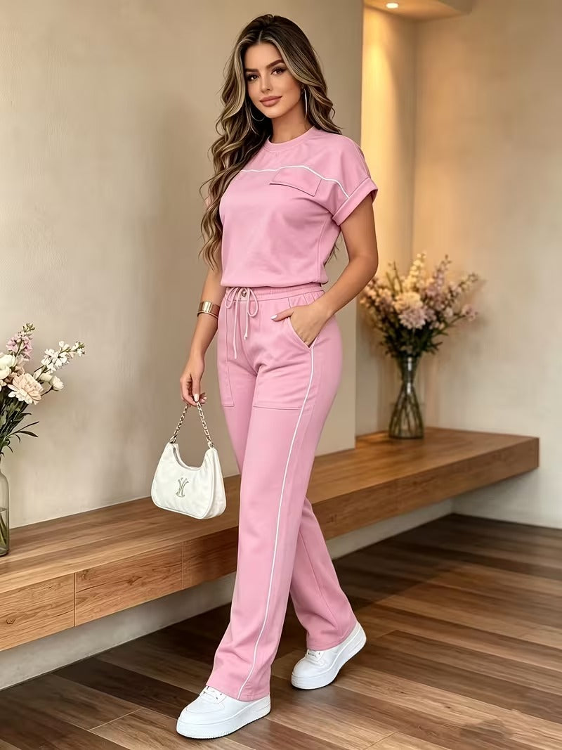 Women’s Versatile Round Neck Top & Straight-Leg Pants Summer Set