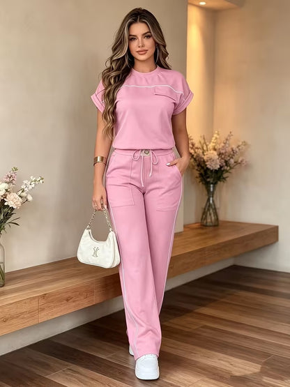 Women’s Versatile Round Neck Top & Straight-Leg Pants Summer Set