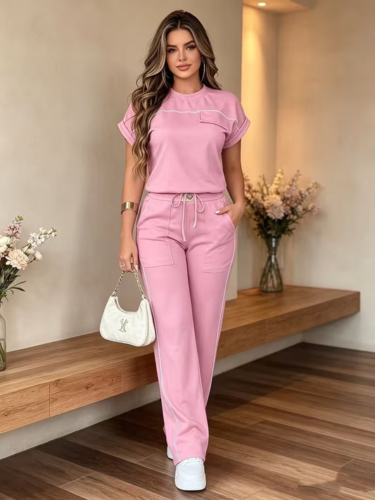Women’s Versatile Round Neck Top & Straight-Leg Pants Summer Set