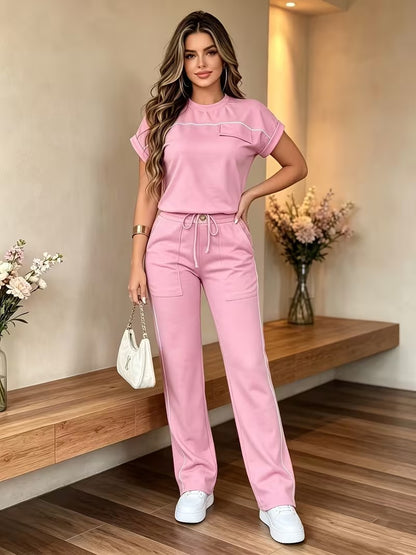 Women’s Versatile Round Neck Top & Straight-Leg Pants Summer Set