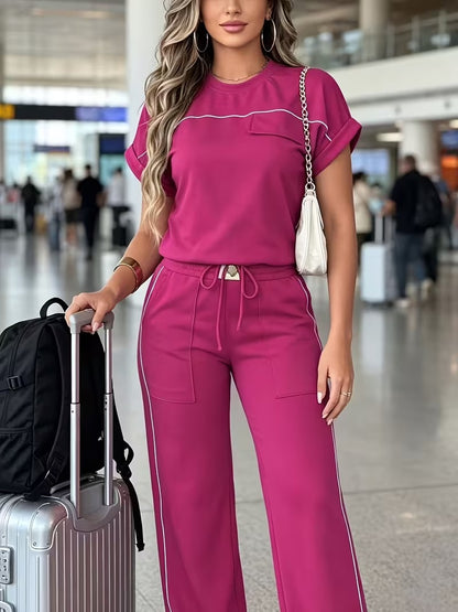 Women’s Versatile Round Neck Top & Straight-Leg Pants Summer Set