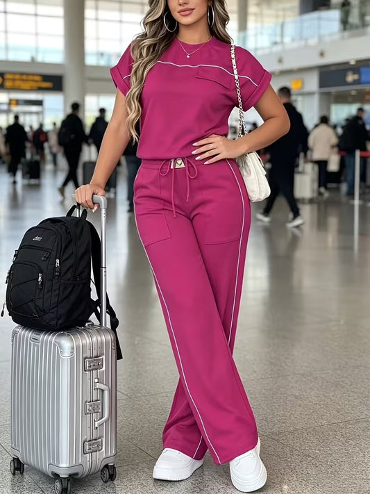 Women’s Versatile Round Neck Top & Straight-Leg Pants Summer Set