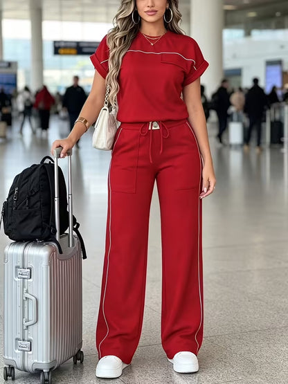 Women’s Versatile Round Neck Top & Straight-Leg Pants Summer Set