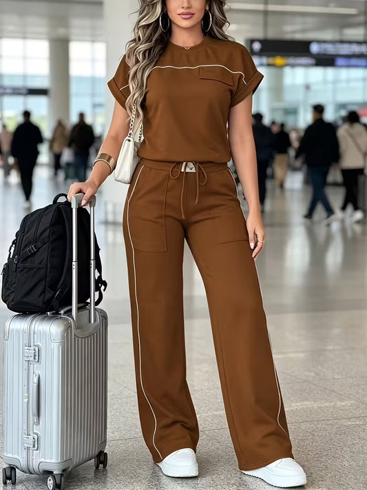 Women’s Versatile Round Neck Top & Straight-Leg Pants Summer Set
