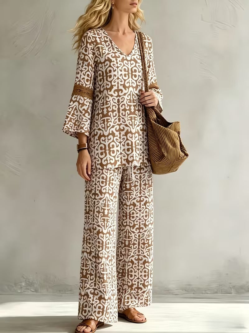 Women’s V-Neck Top & Relaxed Wide-Leg Pants Co-Ord