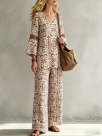 Women’s V-Neck Top & Relaxed Wide-Leg Pants Co-Ord