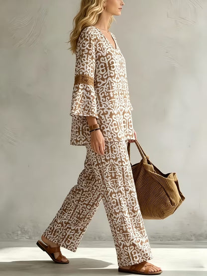 Women’s V-Neck Top & Relaxed Wide-Leg Pants Co-Ord