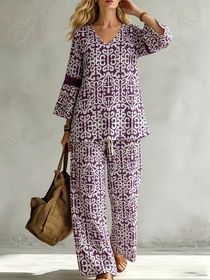 Women’s V-Neck Top & Relaxed Wide-Leg Pants Co-Ord