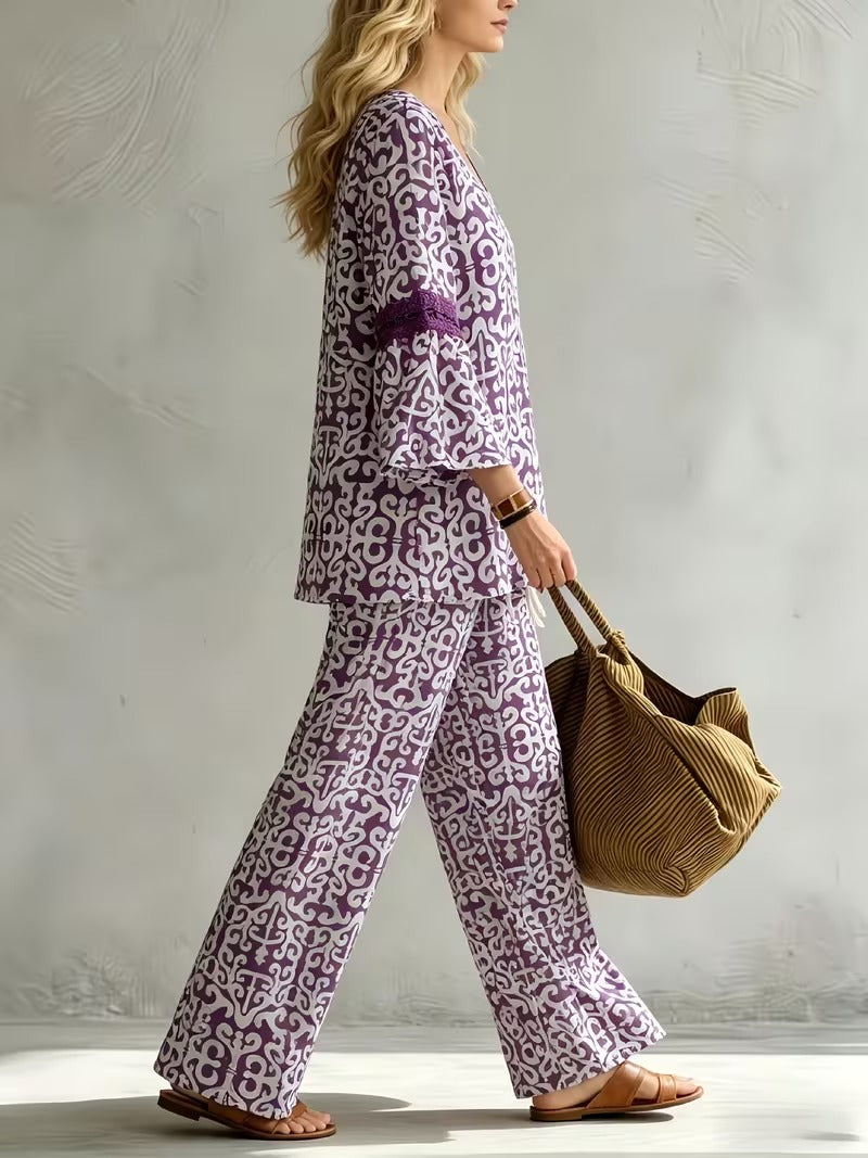 Women’s V-Neck Top & Relaxed Wide-Leg Pants Co-Ord