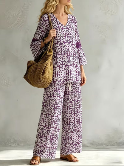 Women’s V-Neck Top & Relaxed Wide-Leg Pants Co-Ord