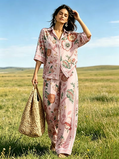 Women’s Vintage-Inspired Shirt & Wide-Leg Pants Co-Ord