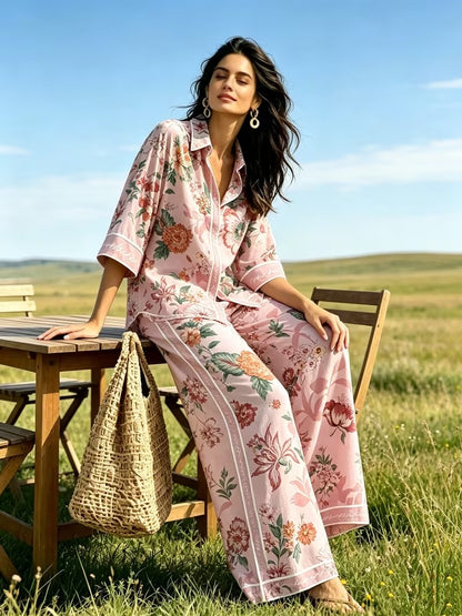Women’s Vintage-Inspired Shirt & Wide-Leg Pants Co-Ord
