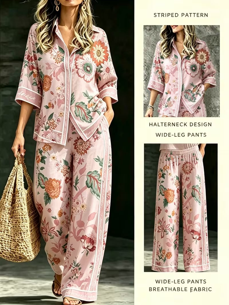 Women’s Vintage-Inspired Shirt & Wide-Leg Pants Co-Ord