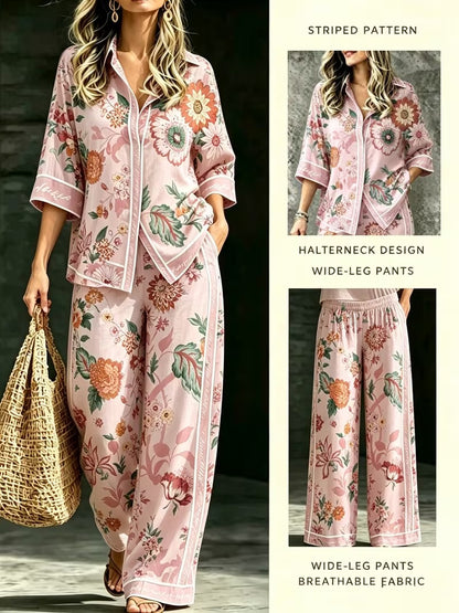 Women’s Vintage-Inspired Shirt & Wide-Leg Pants Co-Ord