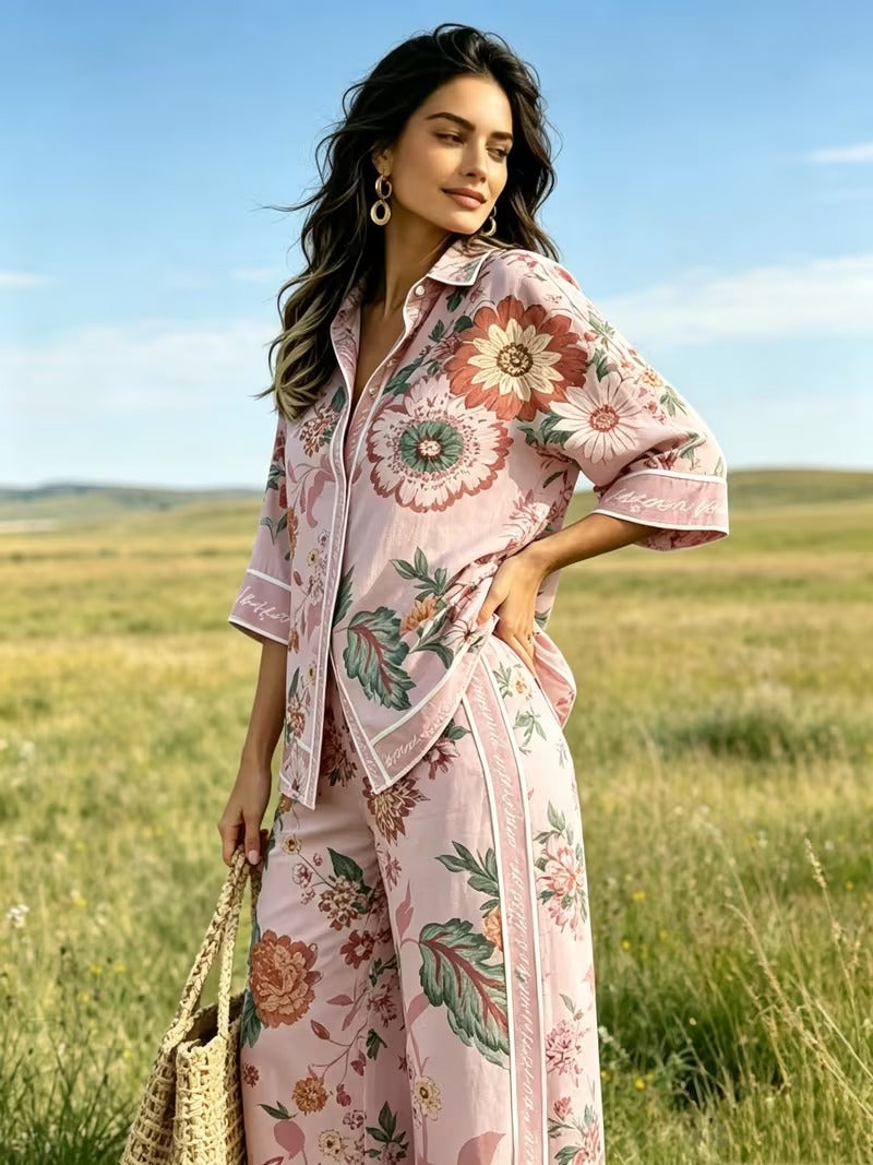 Women’s Vintage-Inspired Shirt & Wide-Leg Pants Co-Ord