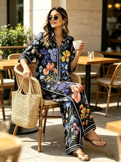 Women’s Vintage-Inspired Shirt & Wide-Leg Pants Co-Ord