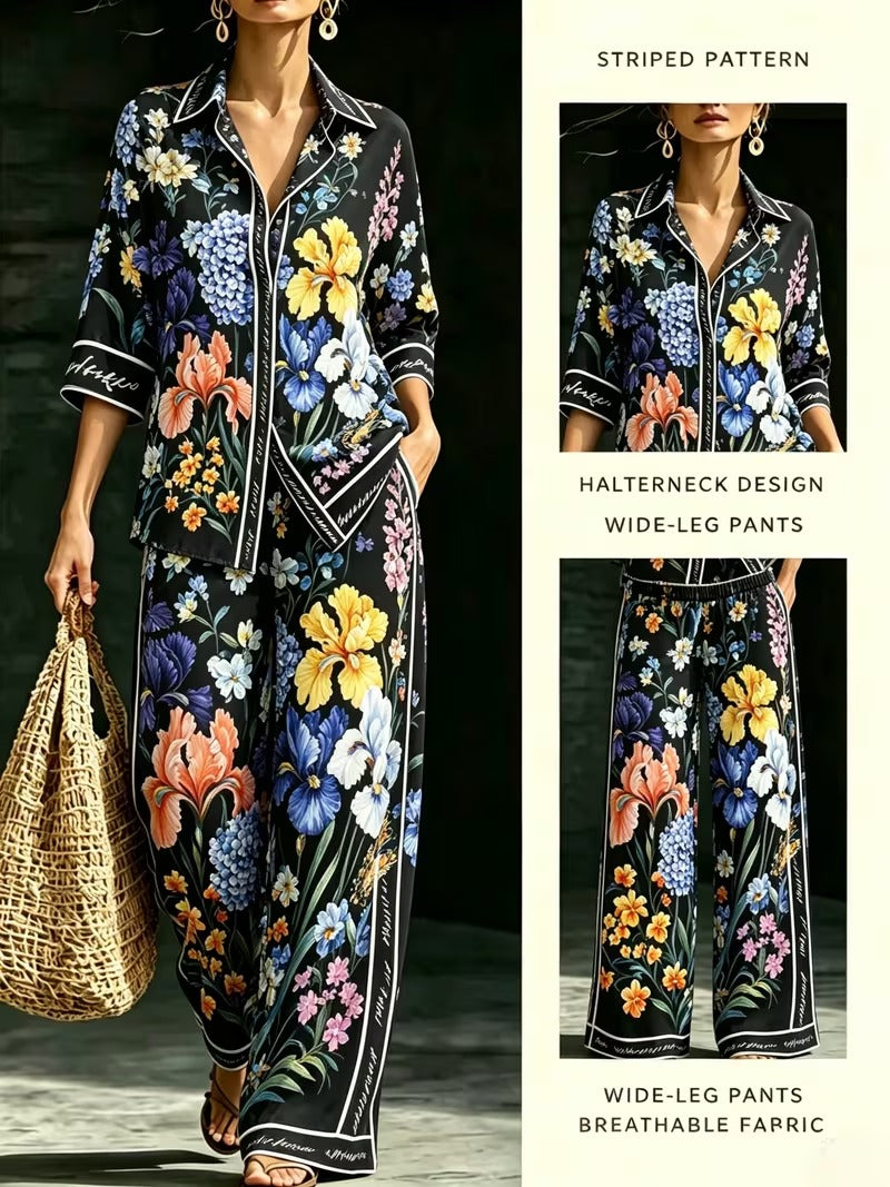 Women’s Vintage-Inspired Shirt & Wide-Leg Pants Co-Ord