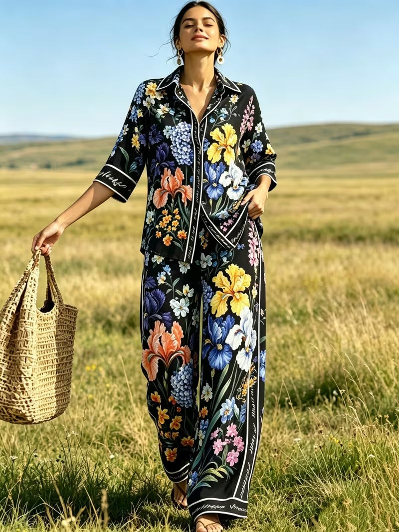 Women’s Vintage-Inspired Shirt & Wide-Leg Pants Co-Ord
