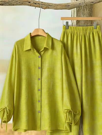 Women’s Long Sleeve Button Shirt & Wide-Leg Pants Set