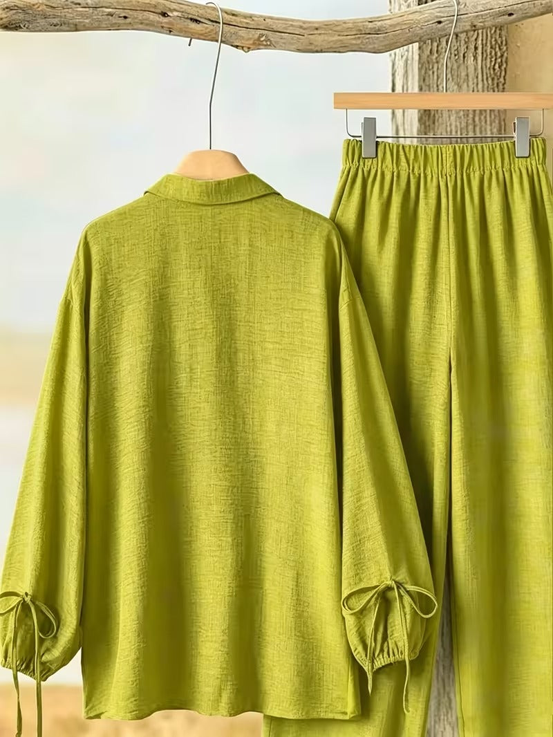 Women’s Long Sleeve Button Shirt & Wide-Leg Pants Set