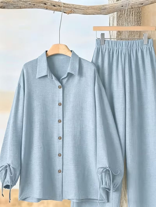 Women’s Long Sleeve Button Shirt & Wide-Leg Pants Set