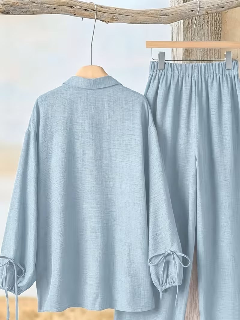 Women’s Long Sleeve Button Shirt & Wide-Leg Pants Set