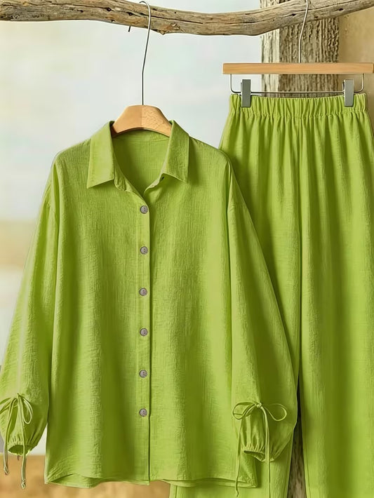 Women’s Long Sleeve Button Shirt & Wide-Leg Pants Set