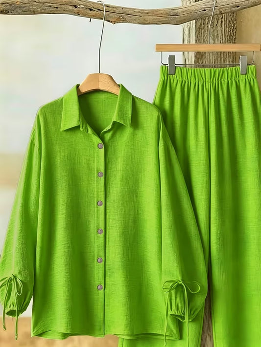 Women’s Long Sleeve Button Shirt & Wide-Leg Pants Set