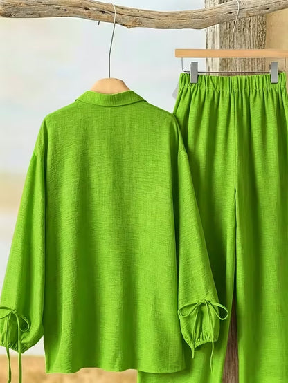 Women’s Long Sleeve Button Shirt & Wide-Leg Pants Set