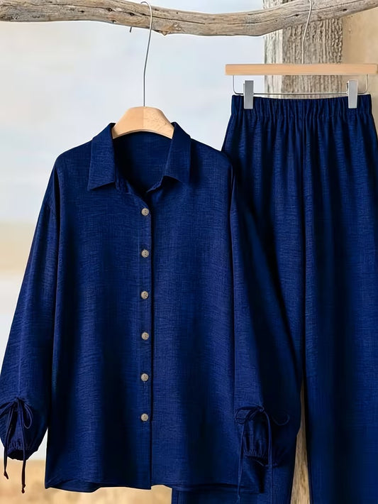 Women’s Long Sleeve Button Shirt & Wide-Leg Pants Set