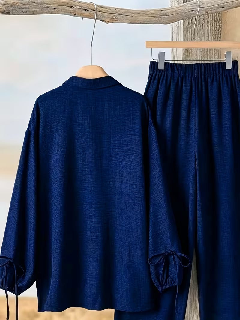 Women’s Long Sleeve Button Shirt & Wide-Leg Pants Set