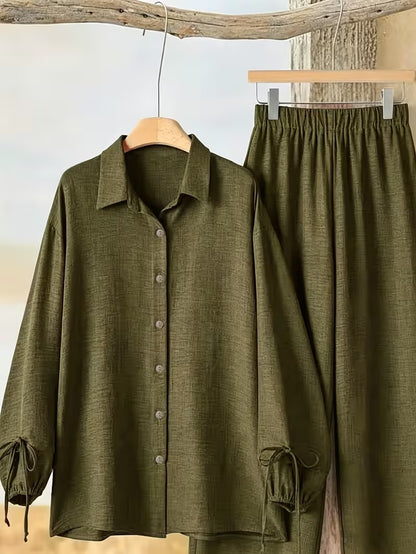Women’s Long Sleeve Button Shirt & Wide-Leg Pants Set