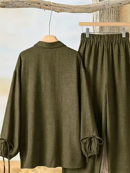 Women’s Long Sleeve Button Shirt & Wide-Leg Pants Set