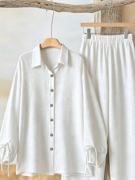 Women’s Long Sleeve Button Shirt & Wide-Leg Pants Set
