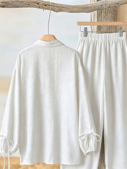 Women’s Long Sleeve Button Shirt & Wide-Leg Pants Set