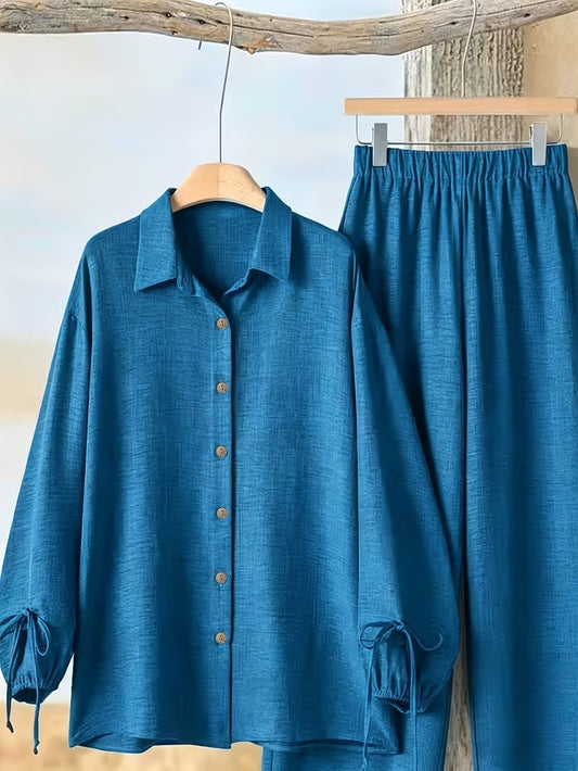 Women’s Long Sleeve Button Shirt & Wide-Leg Pants Set