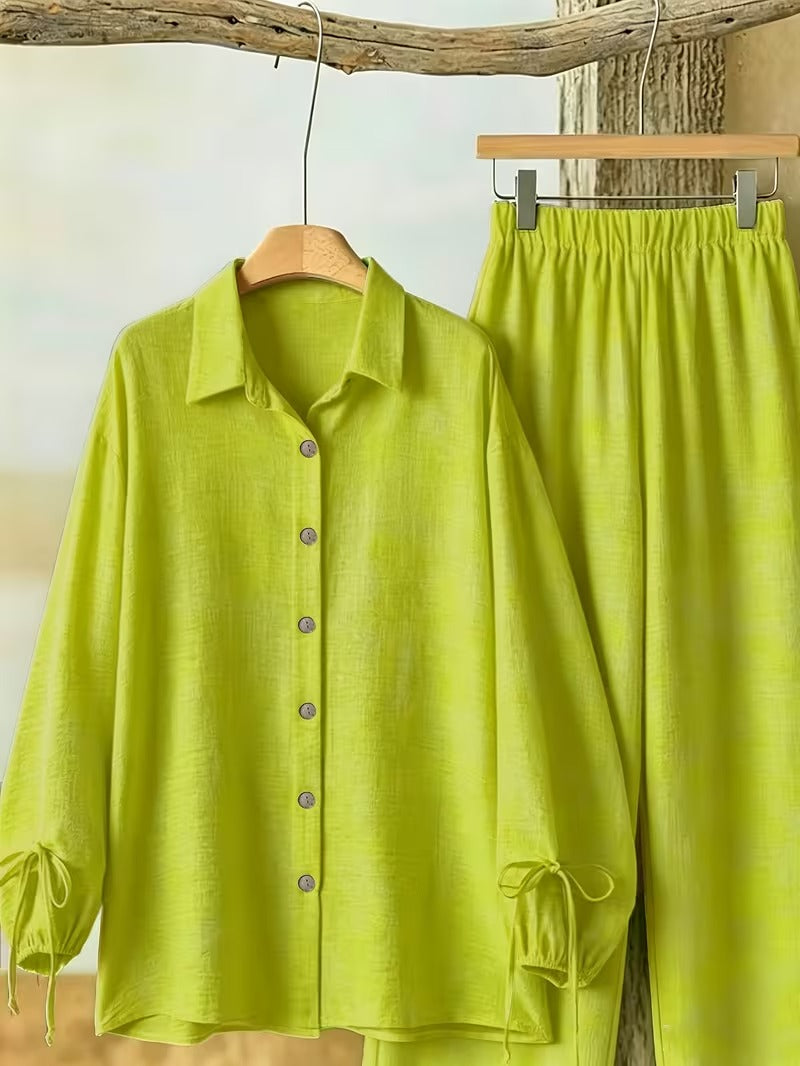 Women’s Long Sleeve Button Shirt & Wide-Leg Pants Set