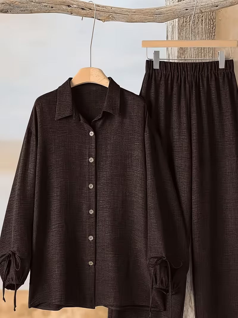 Women’s Long Sleeve Button Shirt & Wide-Leg Pants Set