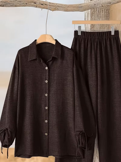 Women’s Long Sleeve Button Shirt & Wide-Leg Pants Set