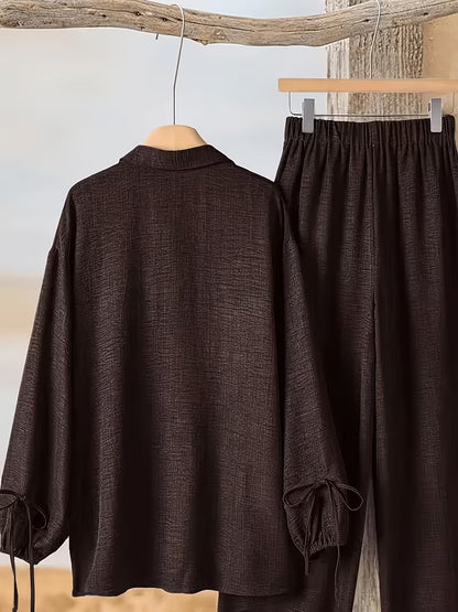 Women’s Long Sleeve Button Shirt & Wide-Leg Pants Set